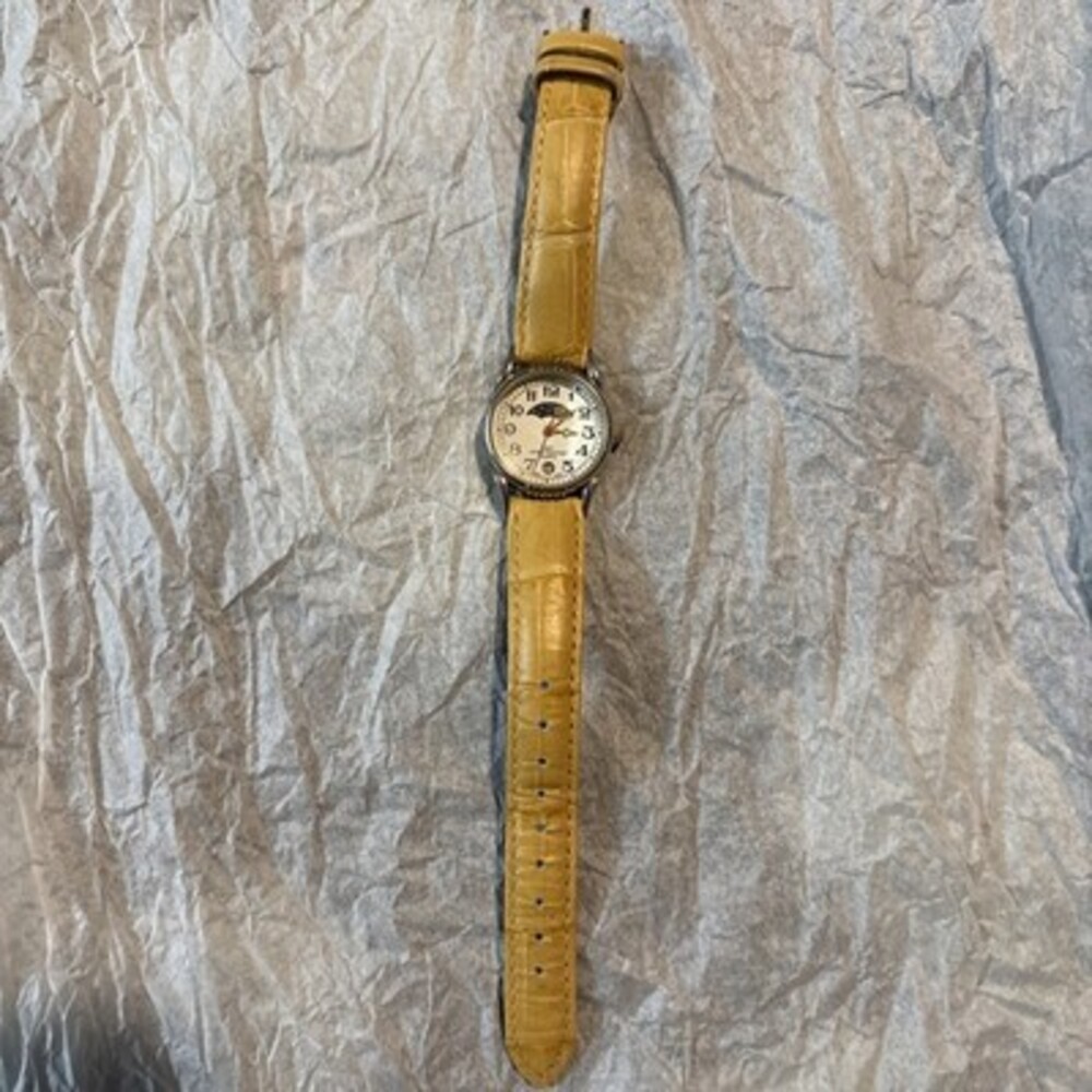 Vintage Moon Phase Watch With Yellow Leather Band - Needs New Battery